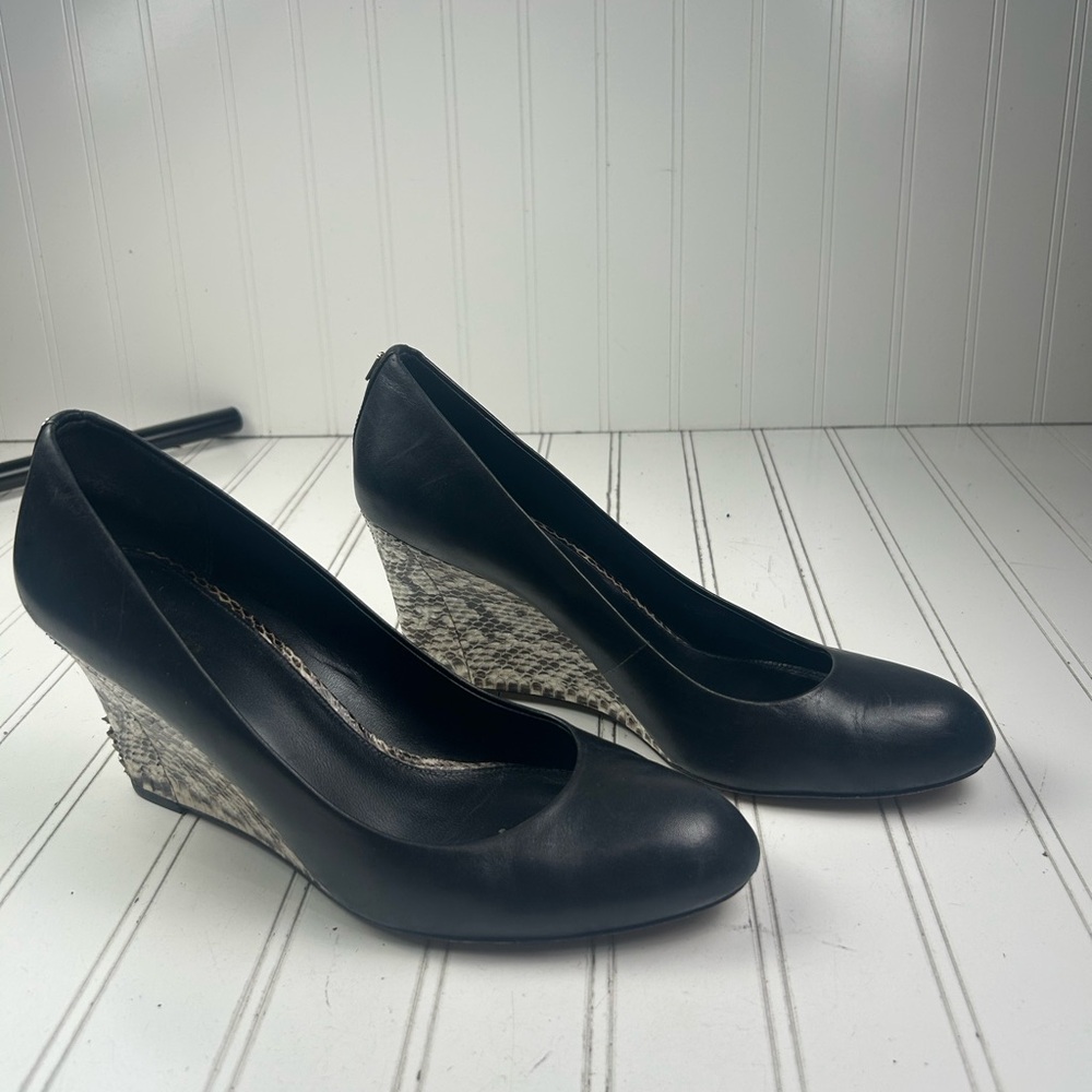 Coach Black Leather Wedge Heels Snakeskin Heel Women’s Size 10 - Picture 2 of 11